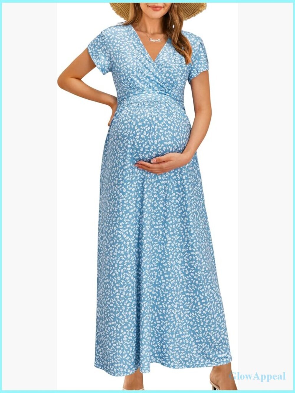 Maternity Maxi Dress Wrap V-Neck Short Sleeve Nursing Summer
